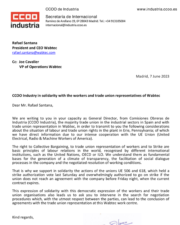 Letter from CCOO Industria to Wabtec CEO Rafael Santana