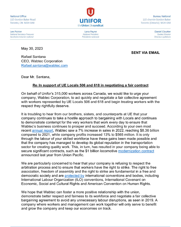 Letter from Unifor National President Lana Payne to Wabtec CEO Rafael Santana