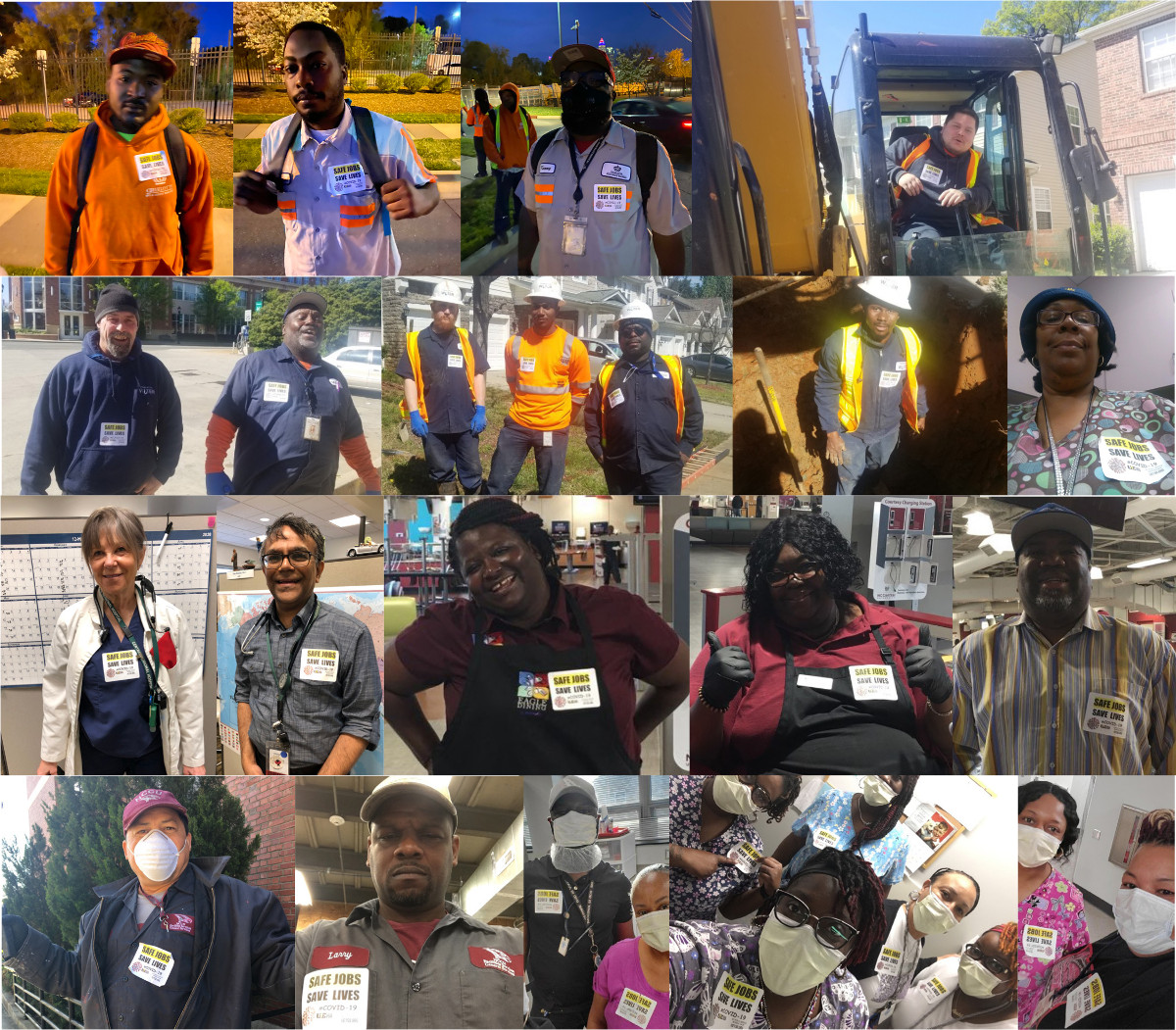 Montage of photos of workers wearing Safe Jobs Save Lives stickers