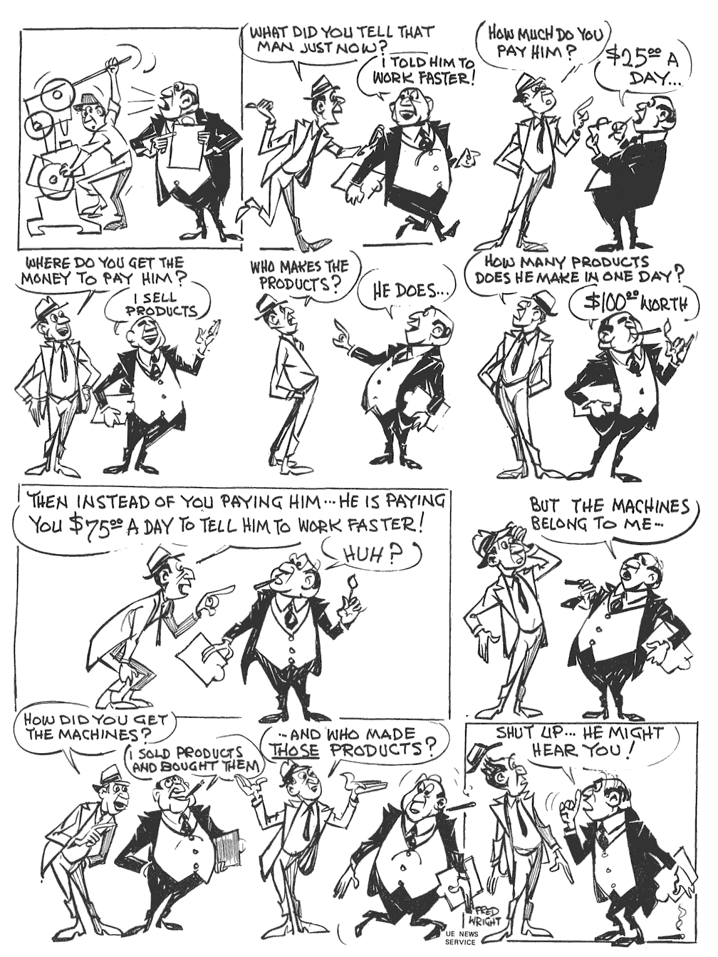 Fred Wright cartoon explaining how bosses exploit workers by paying them less than the value they create