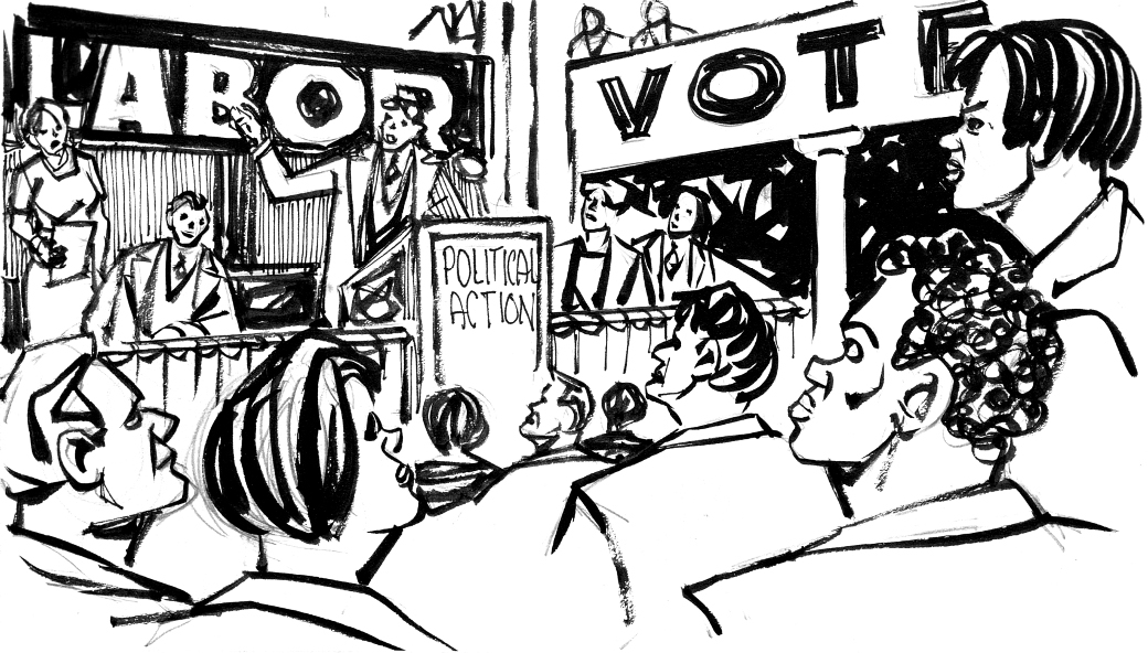 Drawing of a group of workers debating in front of signs readaing Labor Vote and Political Action