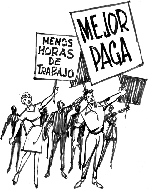 Workers carrying signs reading Mejor Paga and Menos Horas de Trabajo