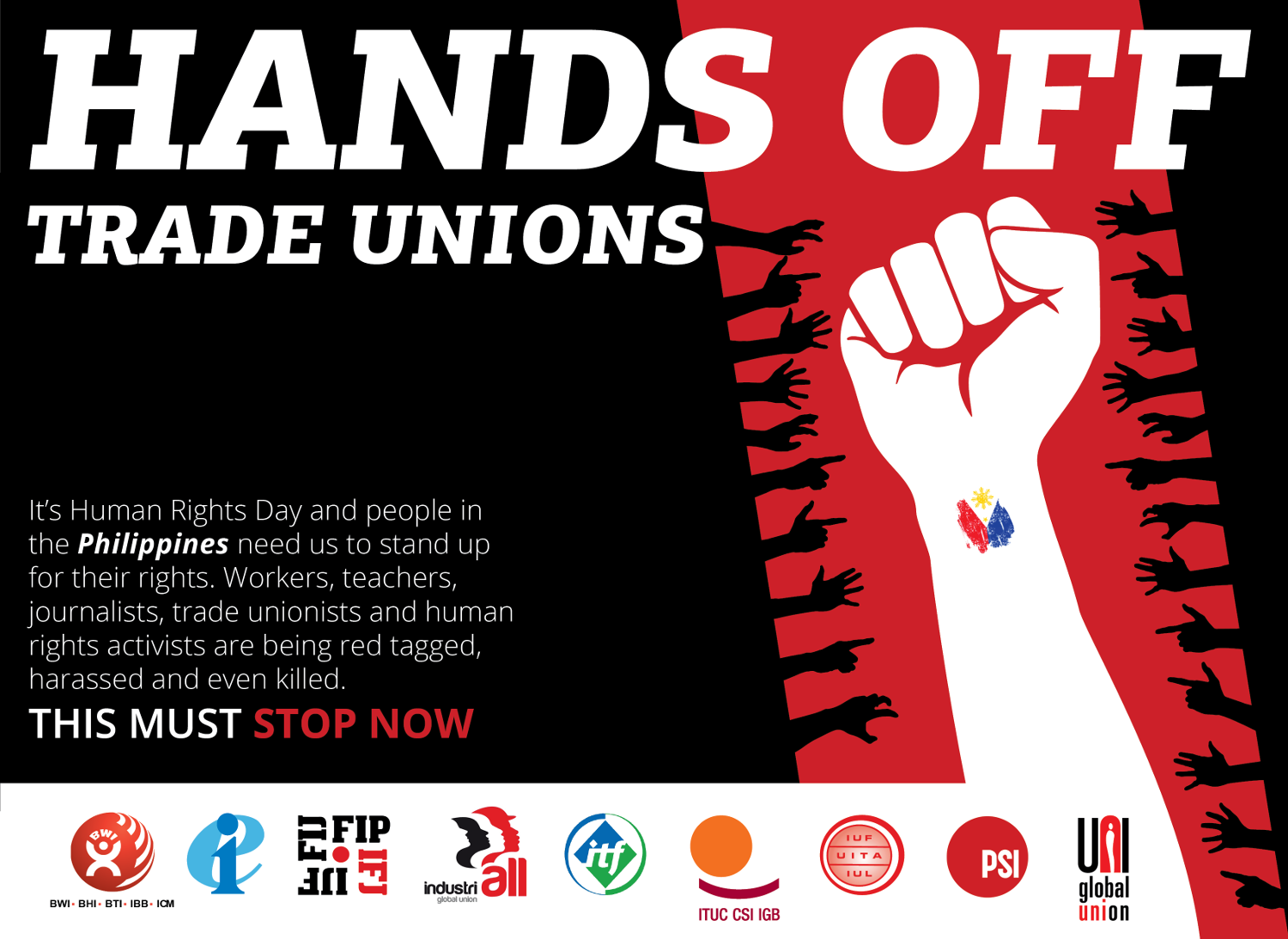 Poster reading "Hands off trade unions" with logos of various global union federations and short text explaining the situation discussed on this web page