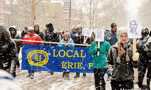 UE Local 506 members marching in the snow