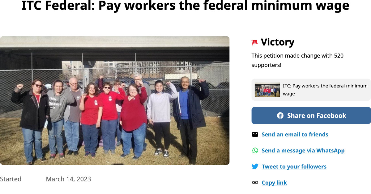 Screenshot of a change.org petition titled ITC Federal: Pay workers the federal minimum wage with a photo of UE Local 808 members with raised fists