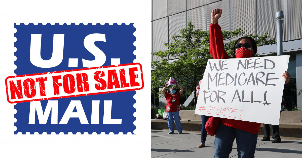 Left: US Mail Not for Sale logo, Right: photo of woman with raised fist holding We Need Medicare For All sign