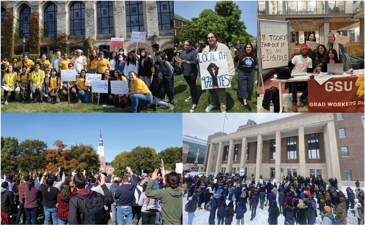 Photo montage of graduate worker rallies from five different campuses