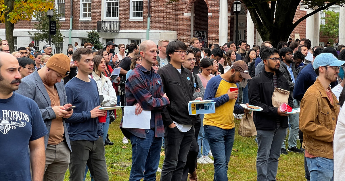 Johns Hopkins University graduate workers rallying to launch their union drive