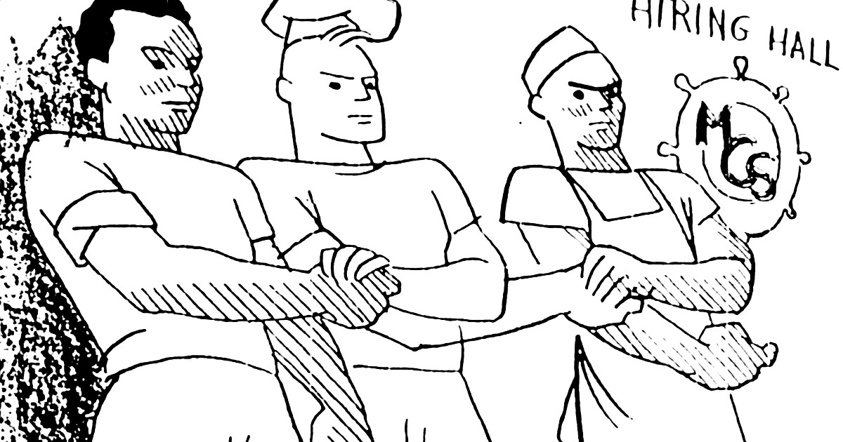 Cartoon drawing of three men holding hands in front of an MCS logo and the words Hiring Hall