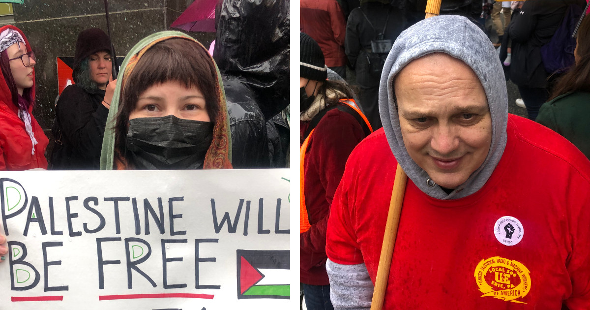 Two photos. On the left, a woman with a sign reading Palestine Will Be Free; on the right, a man wearing a red UE Local 506 t-shirt.