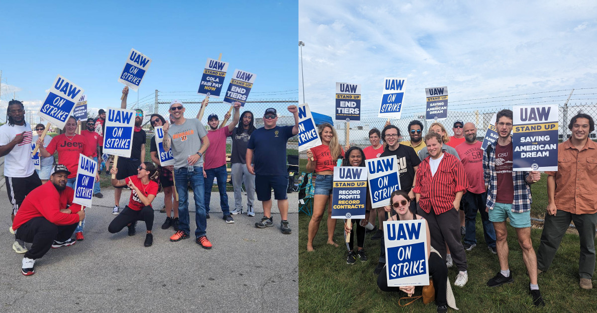 Two photos of UE members with UAW strikers