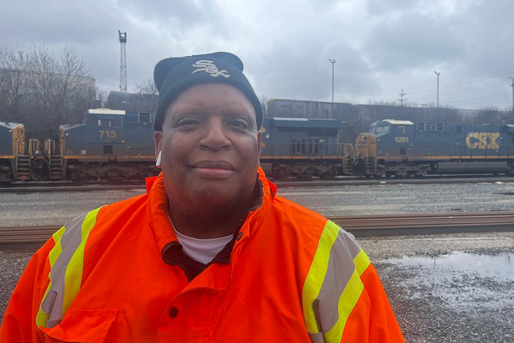 UE Local 1177 President Larry Hopkins standing at the rail yard of the Belt Railway Company of Chicago.