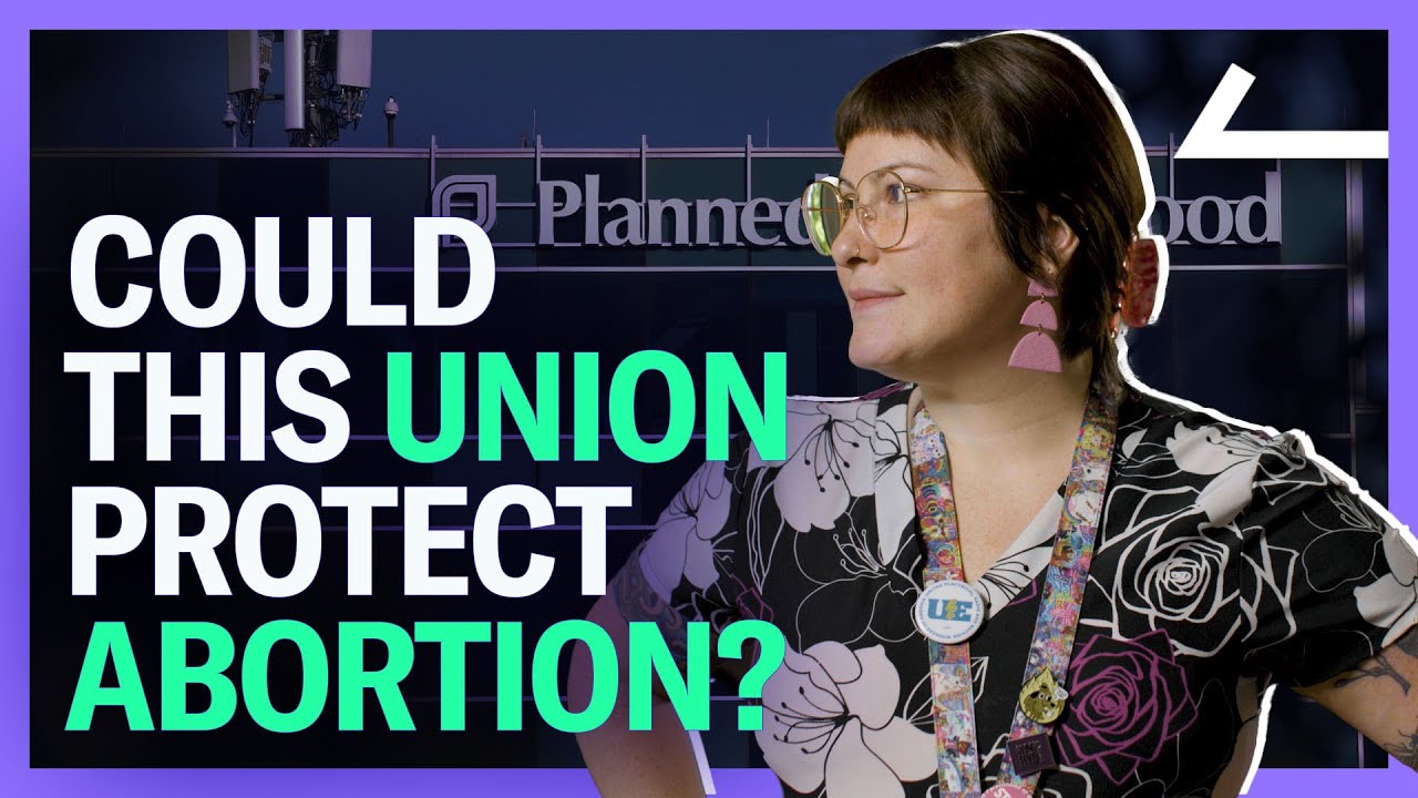 UE Local 696 member Crystal Grabowski with the words Could This Union Protect Abortion?