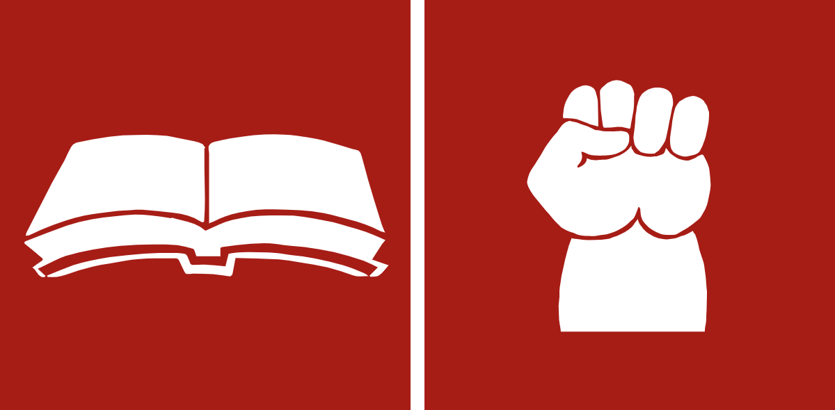 Icons of an open book and a raised fist