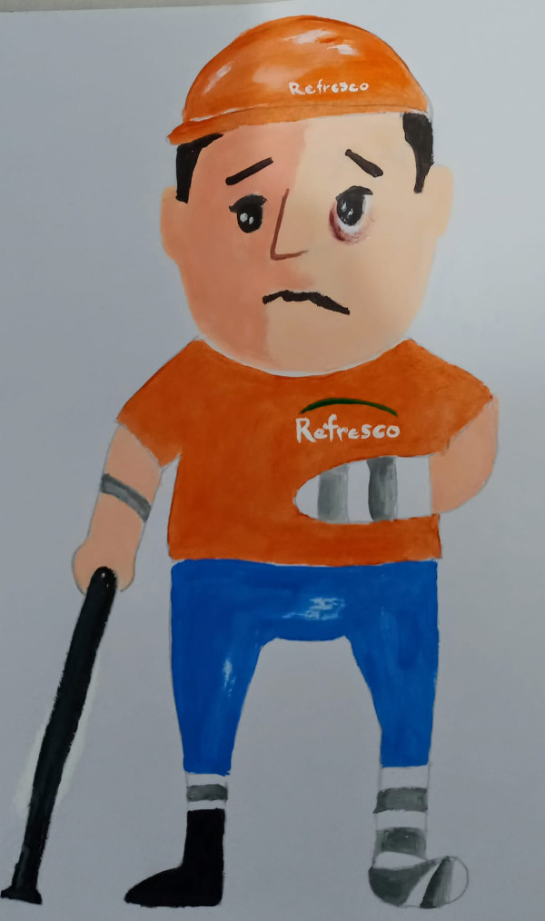 Drawing of an injured worker with a cast on his left arm, a cane in his right hand, and Refresco written on his hat and shirt
