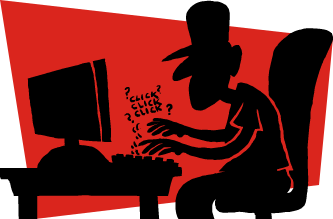 Cartoon image of a worker typing on a computer