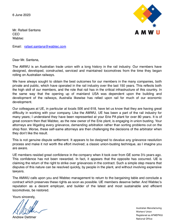Letter from Australian Manufacturing Workers’ Union National President Andrew Dettmer to Wabtec CEO Rafael Santana