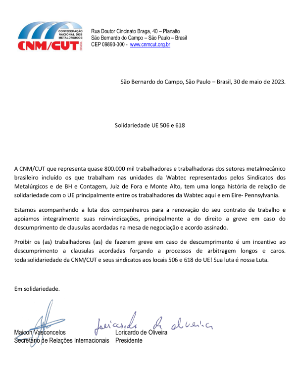 Letter from CNM-CUT to Wabtec CEO Rafael Santana