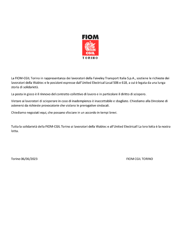 Letter from FIOM-CGIL to Wabtec CEO Rafael Santana