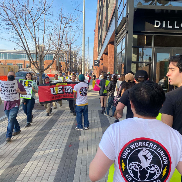Workers picketing outside the Dillon hotel