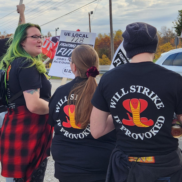 Three workers wearing t-shirts which read Will Strike If Provoked on the back with an image of a cobra