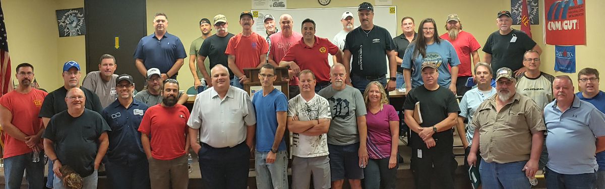 A group of UE Local 506 members at their union hall in Erie, PA