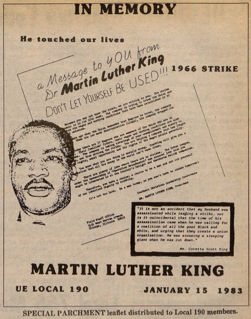 Special parchment leaflet honoring Martin Luther King, Jr. distributed to UE Local 190 members in 1983