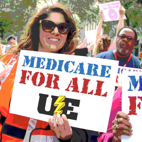 Image of woman with UE Medicare for All sign