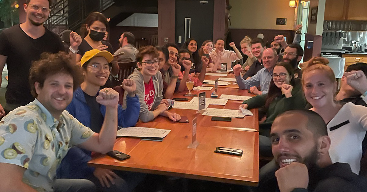 MIT graduate workers with UE General President Carl Rosen