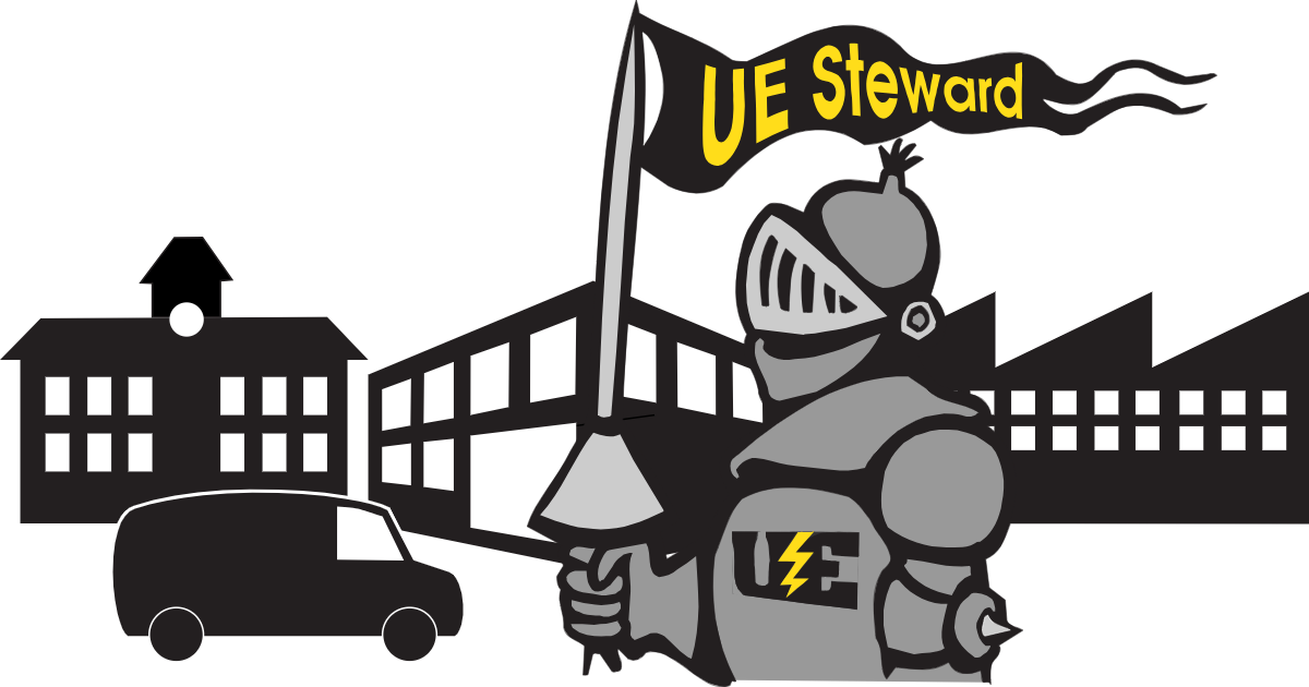Cartoon image of a knight in armor with UE on his breastplate and a banner reading UE Steward in front of a university, office/retail and factory building, and a van